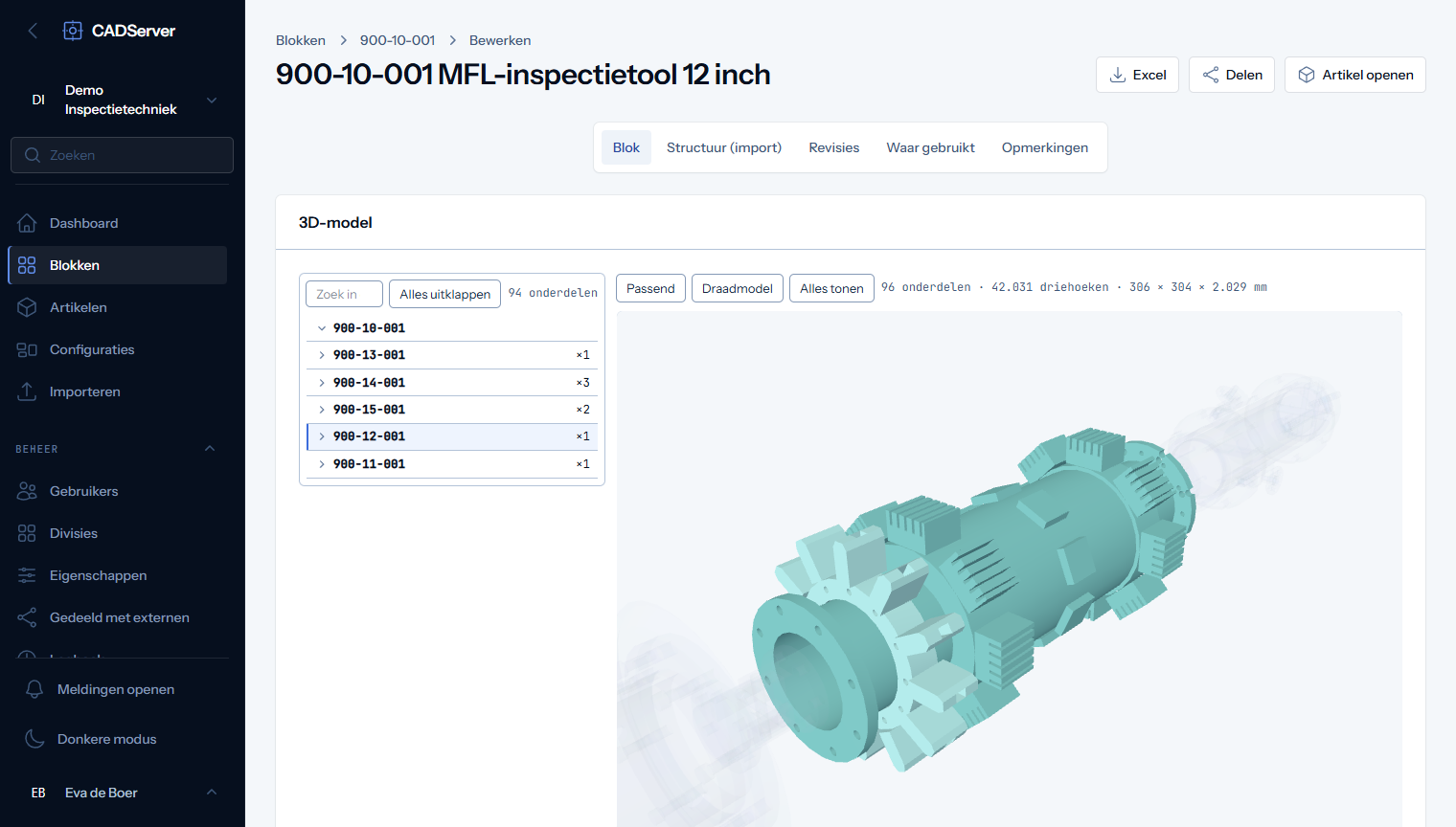 Blok in CADServer: een inspectietool in de 3D-viewer met de productstructuur ernaast, de magneetmodule geselecteerd