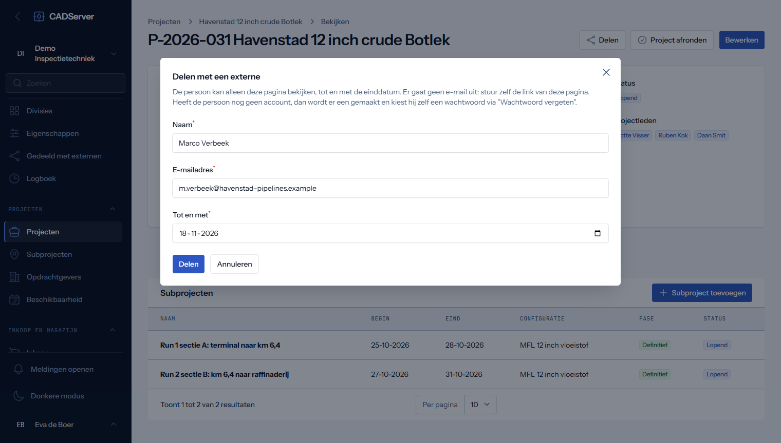 Een project delen met een externe in CADServer: naam, e-mailadres en tot wanneer de toegang geldt
